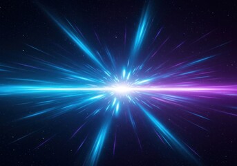 Abstract hyperspace jump with blue and purple light streaks in a dark cosmic background scene