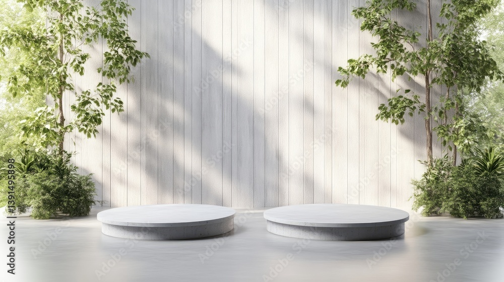 Poster circular platforms greenery and wood minimalist style high-resolution soft lighting centered composi