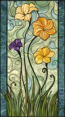 Vibrant Stained Glass Panel with Yellow and Purple Flowers in Greenery Decorative Floral Design Against a Textured Blue and Green Background