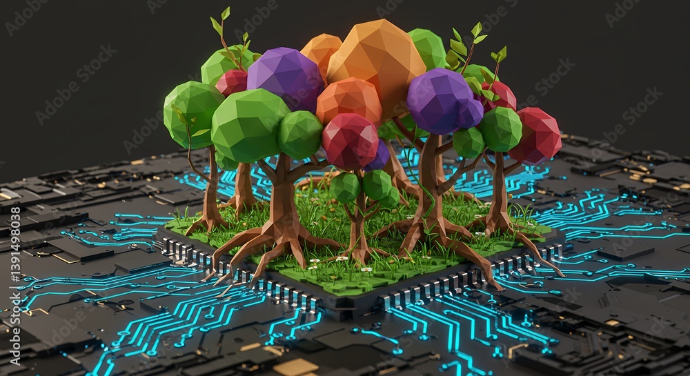 Poster low poly trees growing on a computer chip, representing technology and nature interconnection and th