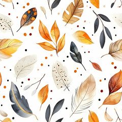 Watercolor autumn leaves and feathers seamless pattern.