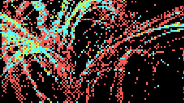 Pixelated patterns on a black backdrop show coral, light blue, and yellow dots arranged abstractly