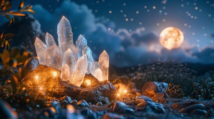 Glowing healing crystals illuminated by full moon. Ritual of energy cleansing and charging under starry night sky