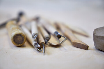 Close-up of pottery wooden tools for sculpting clay