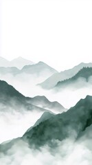 Misty Mountain Range Landscape in Hazy Green Hue with Watercolor Ink Texture and Panoramic Peaceful View