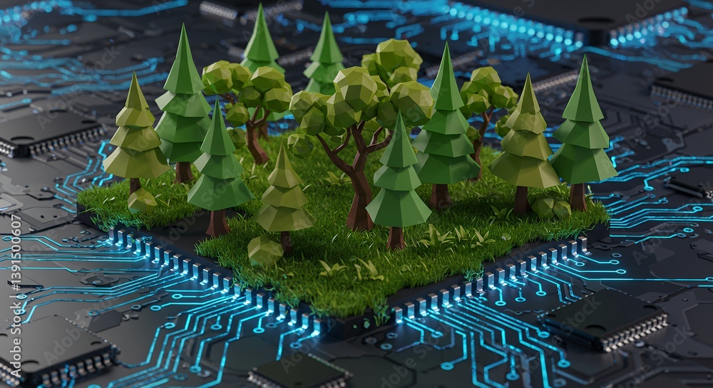 Poster technological advancement and environmental conservation a conceptual digital landscape with trees o
