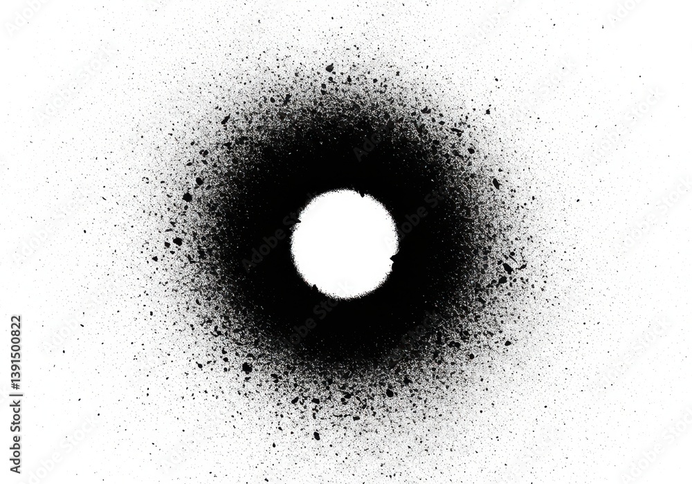 Poster black spray paint circle with splatters on a white background creating an abstract design element