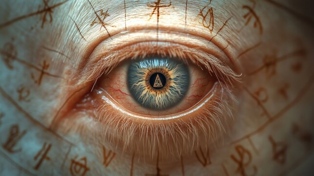 Close-up of a human eye with a reflection of mystic signs visible on its surface. The eye appears detailed and vibrant, with  a triangular adding an masonic and symbolic element to the image.