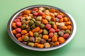 Colorful dog kibble fills a metal bowl on a green surface. Show healthy pet food for adverts and articles.
