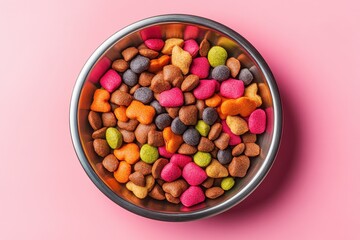 Colorful dry dog food in a steel bowl, pink background. Ideal for pet food ads or healthy eating pet concepts.