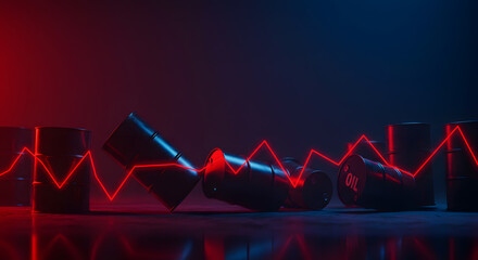 Oil Barrels and Red Declining Chart, Blue & Red Lighting, Dark Reflective Surface.