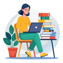 a girl is using his laptop vector