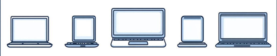 A set showcasing a laptop outline, an icon, and a contemporary illustration