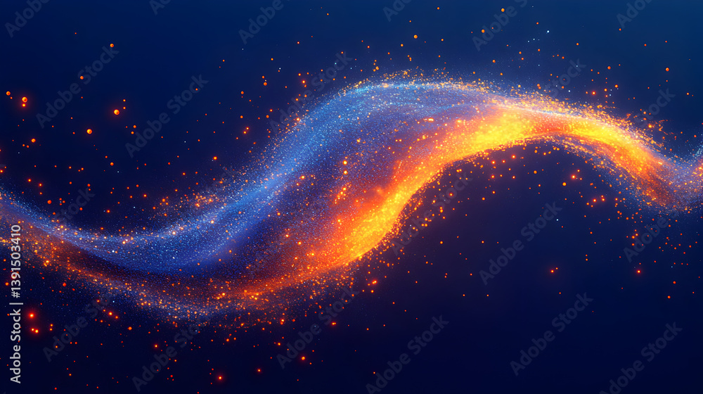 Poster vibrant flow of cosmic particles creating a stunning visual effect against a deep blue background wi