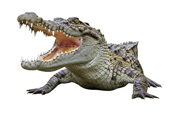 Fototapeta premium A crocodile with its mouth open showing its sharp teeth on white background