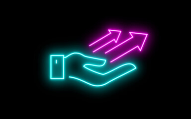 neon Investment icon. Bright Arrow above hand. Hand, arrow,  sign. Hand icon showing Business Grow Graph Icon. 