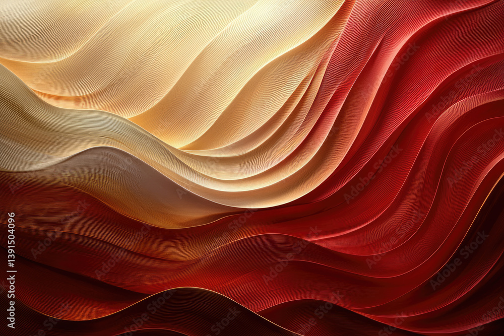 Poster abstract art showcasing flowing, layered, warm-toned colors from beige to deep red, creating a sense
