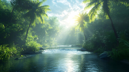 Fototapeta premium Sunlit tropical river flowing through lush jungle.