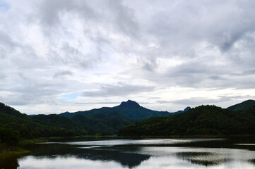 Beautiful Forest Mountain and Reservoir Landscape in Rain Season at Phrae Northern Thailand