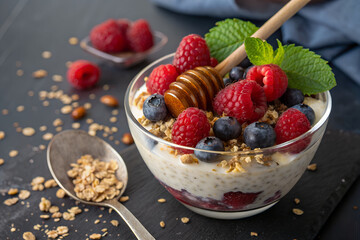 Tasty and healthy bowl of oatmeal porridge with berry, flax seeds, honey and yogurt.