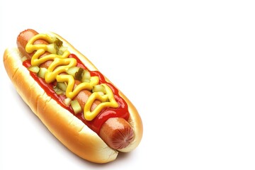 Hot dog with ketchup, mustard, and pickle relish on white background. Use this image for blogs and advertisements on fast food topics.