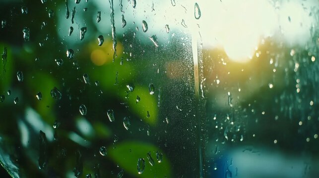 Closeup of Raindrops on Windowpane, Sunset Blurred Background