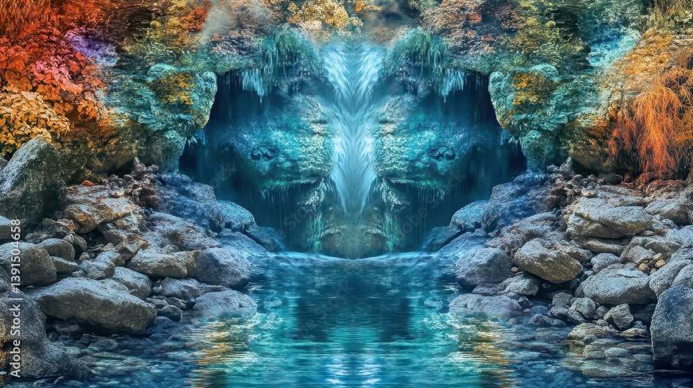 Poster a symmetrical cave with water cascading into a pool