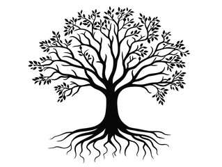 Fototapeta premium Black tree illustration, roots, branches, leaves, nature, design element