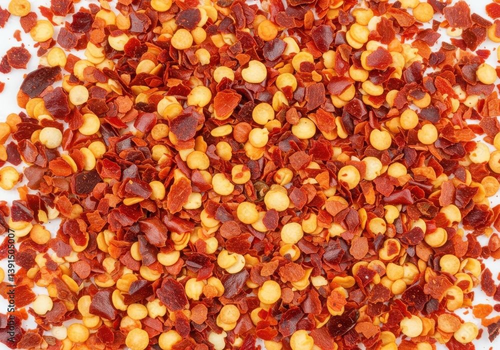 Poster a close up view of a pile of crushed red pepper flakes on a white surface creating a textured patter