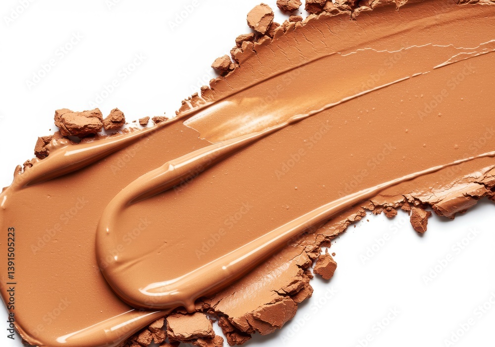 Poster close up of foundation makeup smears on white background with visible texture and color variation