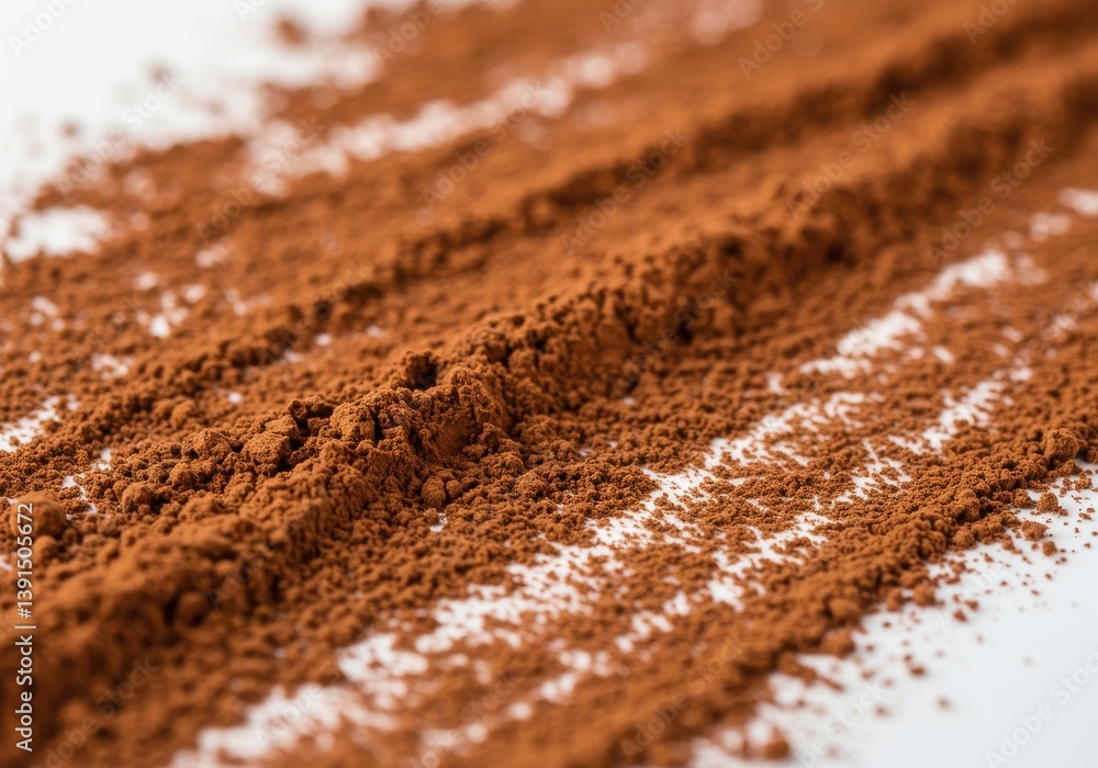 Poster close up of lines of cocoa powder scattered on a white surface creating a textured pattern effect