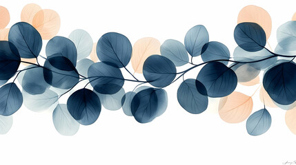 Elegant eucalyptus leaves in blue and peach tones, arranged horizontally on a white background.