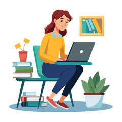 a girl is using his laptop vector
