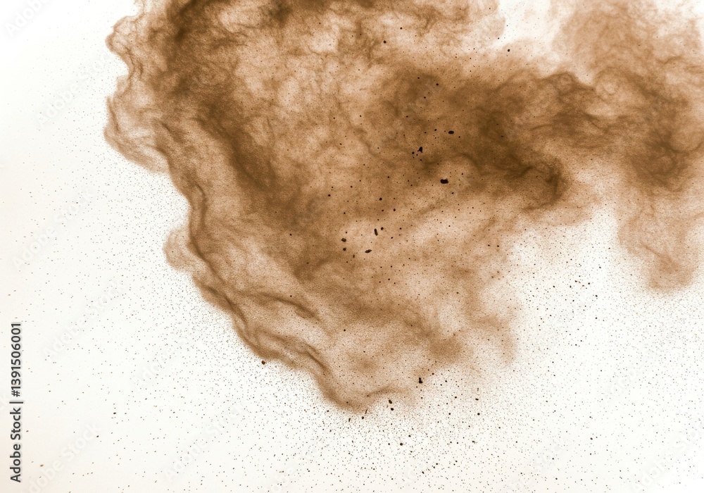 Poster abstract brown cloud explosion against white background with scattered particles visible around it