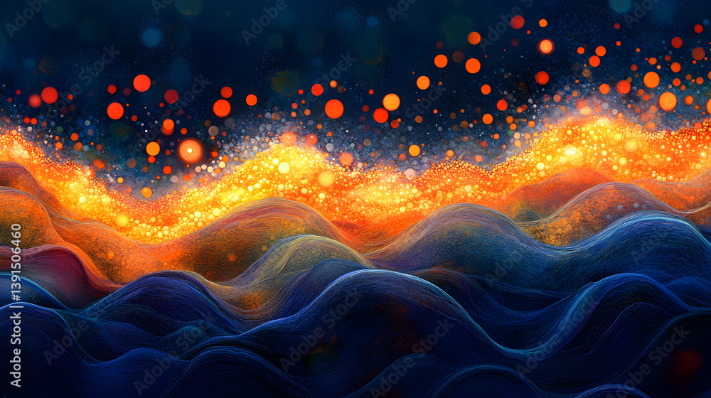 Poster abstract ocean waves with vibrant colors and bokeh effect in a dreamlike atmosphere of light and mov