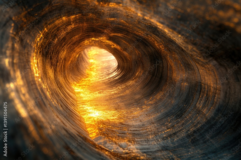Poster abstract image of a tunnel with walls with abstract textures and bright golden light coming from the