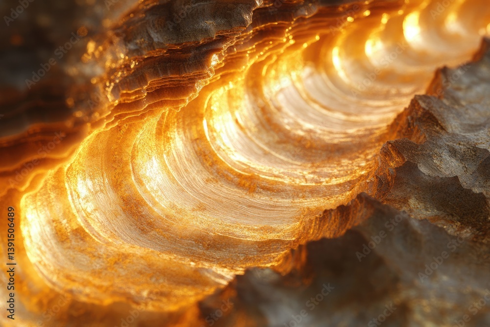 Poster Golden layers create an abstract, wave-like pattern resembling textured geological formations illuminated by a warm, vibrant light.