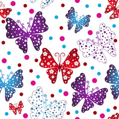 Vector colorful seamless floral pattern with butterflies and dots on a transparent background. For textile, wallpaper and packaging
