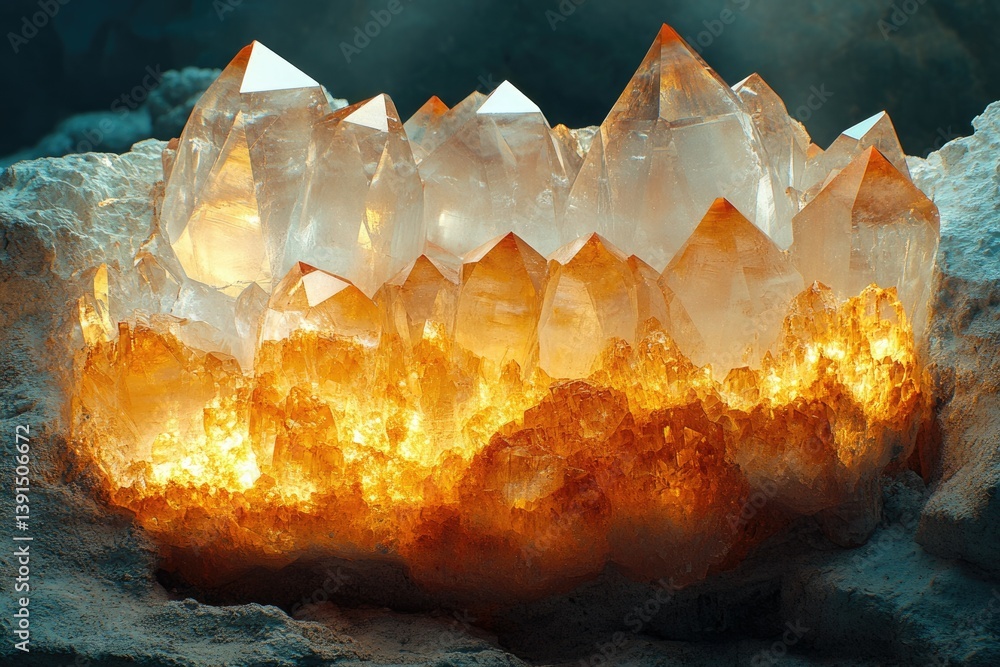 Poster a vibrant, glowing cluster of citrine crystals embedded in a rocky matrix, radiating warmth and ligh