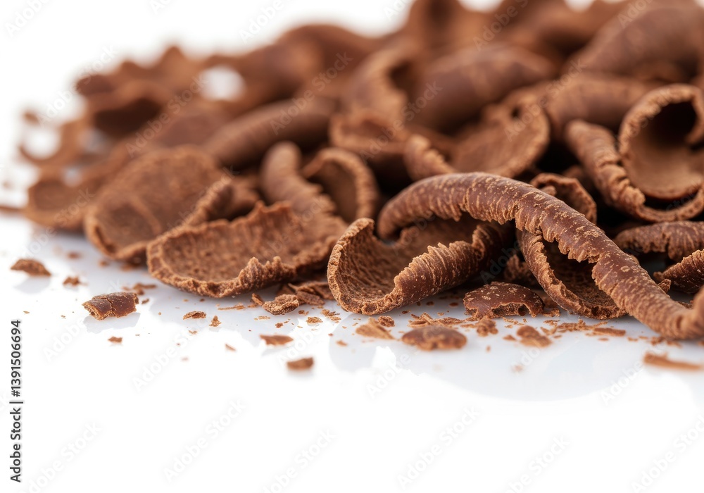 Poster a close up view of chocolate shavings piled on a white surface with a shallow depth of field