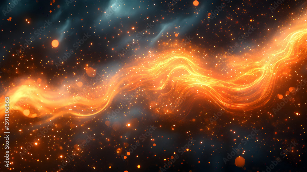 Poster abstract cosmic background with glowing particles, light waves, and vibrant colors for artistic or s