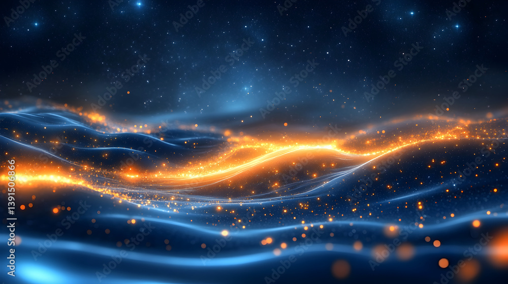 Poster abstract glowing waves with shimmering particles and starry background creating a mesmerizing cosmic