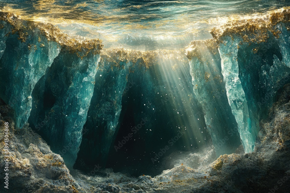 Poster underwater cave illuminated by sunlight filtering through the water, creating a mystical and etherea