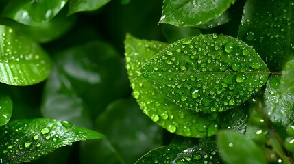 Dew kissed green leaves close up