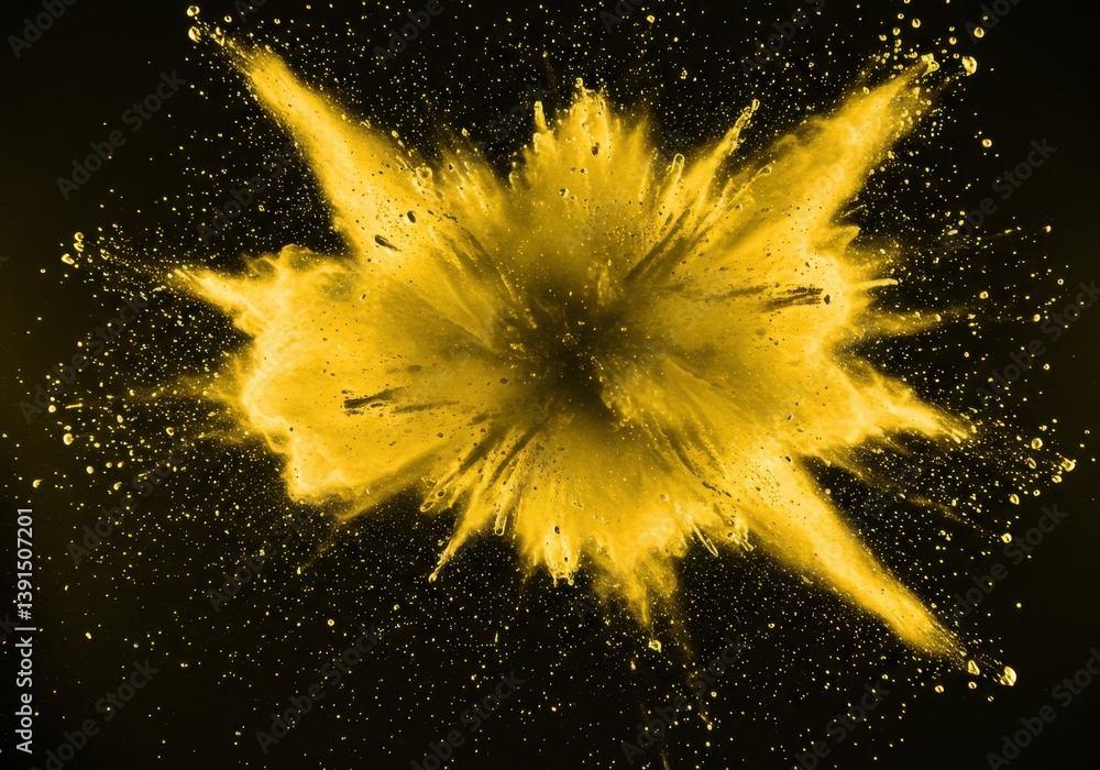 Poster a vibrant yellow explosion of powder against a dark background creating a dynamic effect