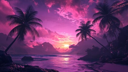 Vibrant tropical sunset over a purple ocean