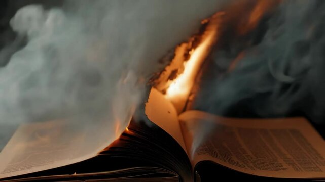 The burning book with flames and smoke creates a dramatic and symbolic visual story