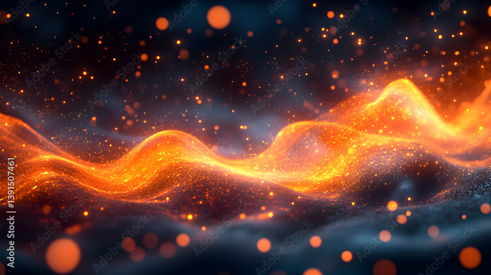 Poster abstract glowing waves with sparkles and bokeh effects creating a dreamy atmosphere in warm orange a