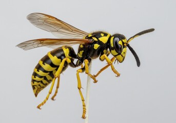 A detailed close up of a yellow jacket wasp showing its distinctive black and yellow striped body and wings