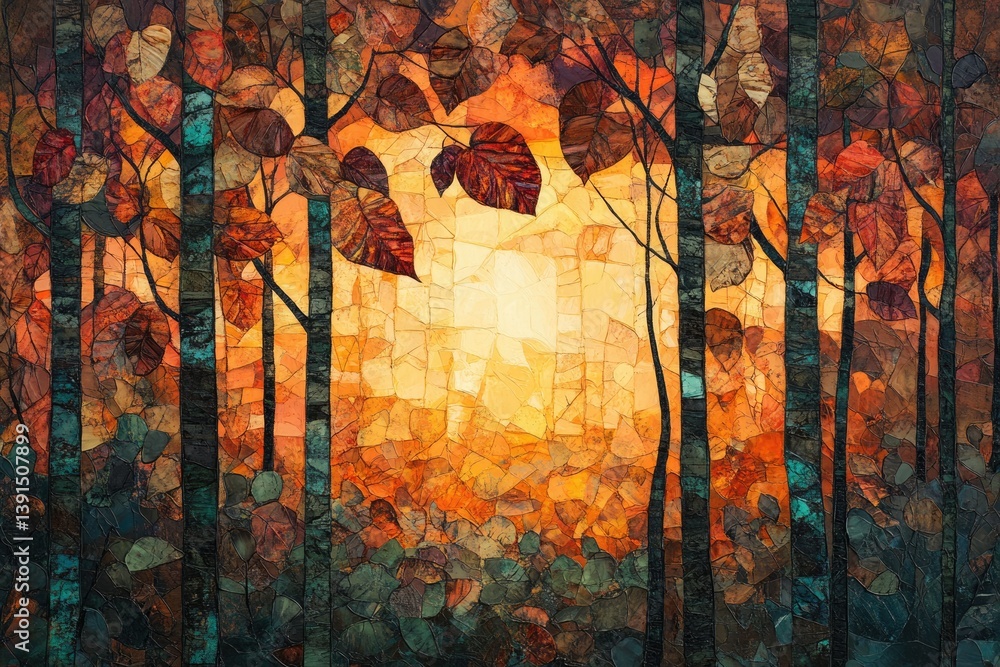 Aufkleber an abstract mosaic of a forest with leaves in fall colors, bathed in the warm glow of a setting sun.